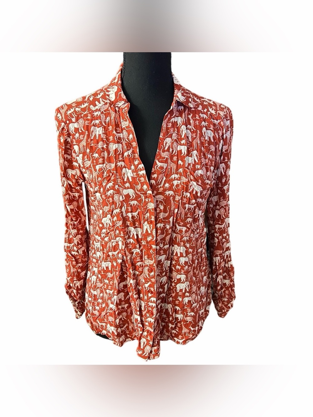 Maeve Anthropologie-size 10-Burnt Red Safari Animal Print Button-Down Blouse!!!